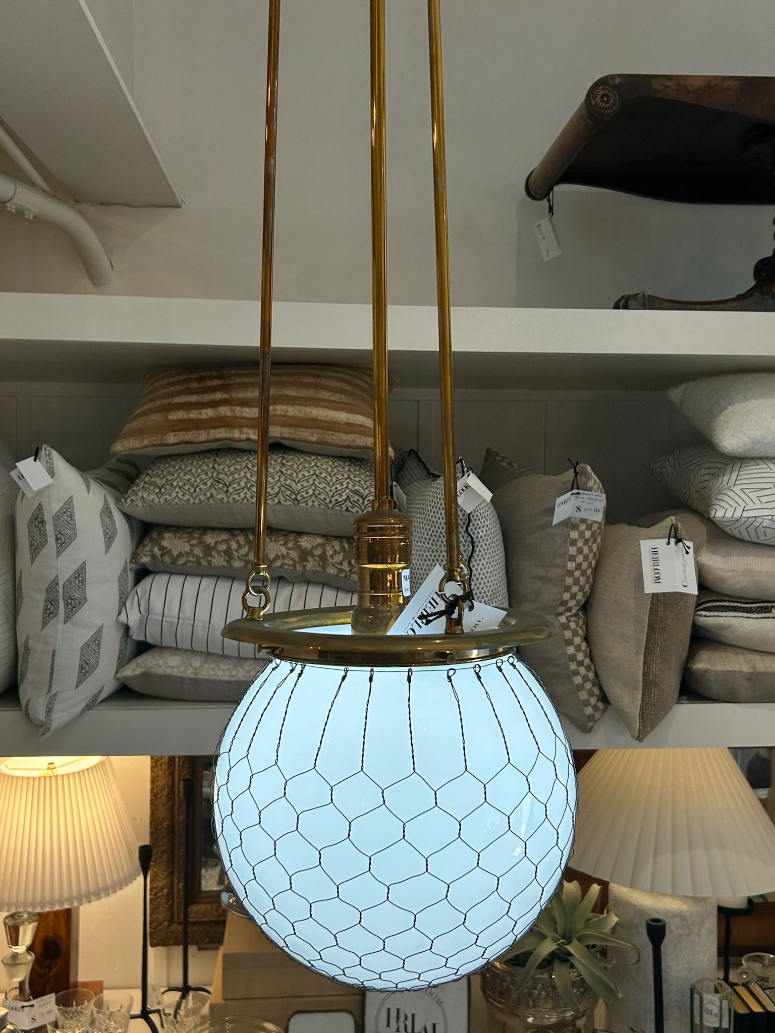 Late 20th Century Unlacquered Brass Hood Classic Pendant With 12-Inch Opal Globe With Wire Mesh - 7