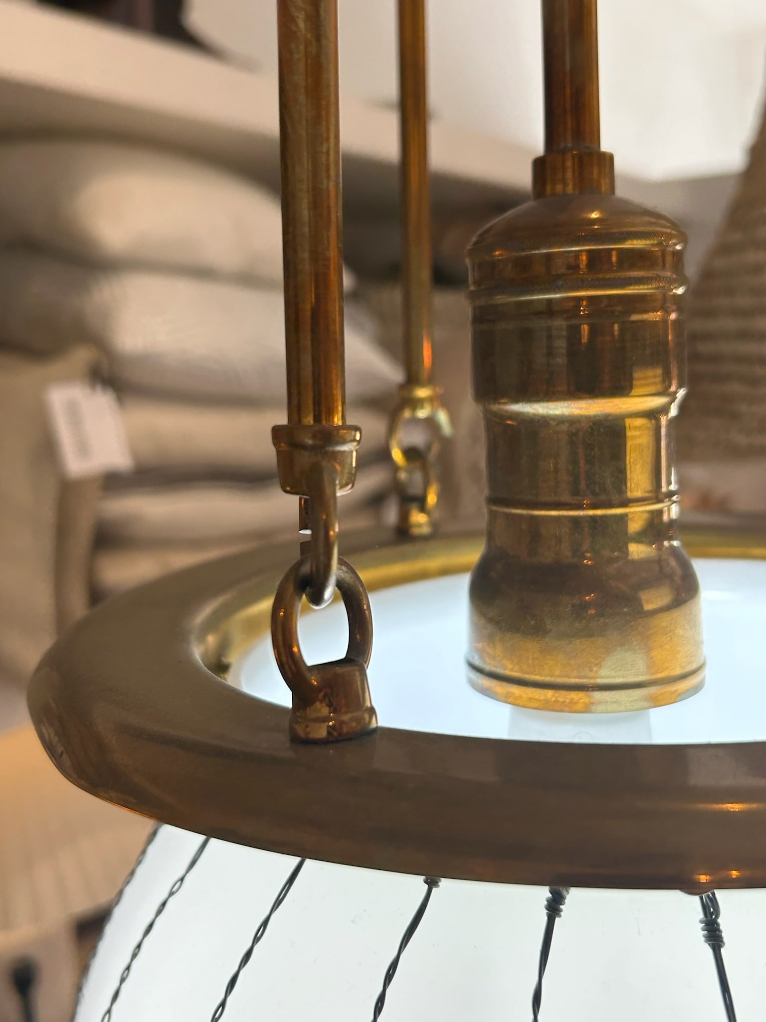 Late 20th Century Unlacquered Brass Hood Classic Pendant With 12-Inch Opal Globe With Wire Mesh - 8