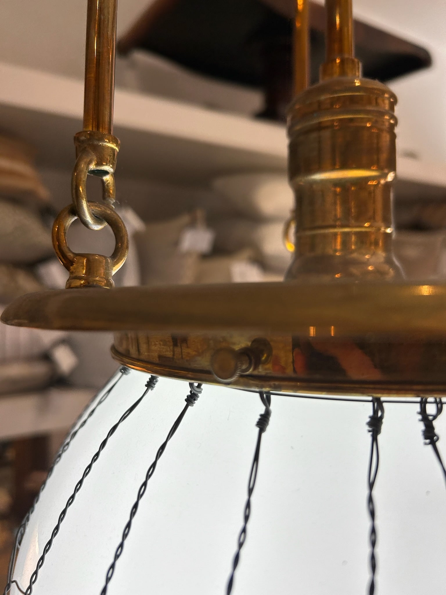 Late 20th Century Unlacquered Brass Hood Classic Pendant With 12-Inch Opal Globe With Wire Mesh - 9