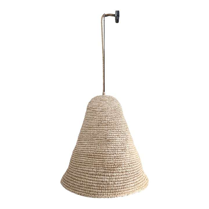 Late 20th Century Large Natural Woven Basket Pendant Light: Large natural woven basket pendant featuring a sculptural bell-shaped silhouette and tightly coiled woven construction. The organic texture and warm neutral tone create a soft, ambient glow when