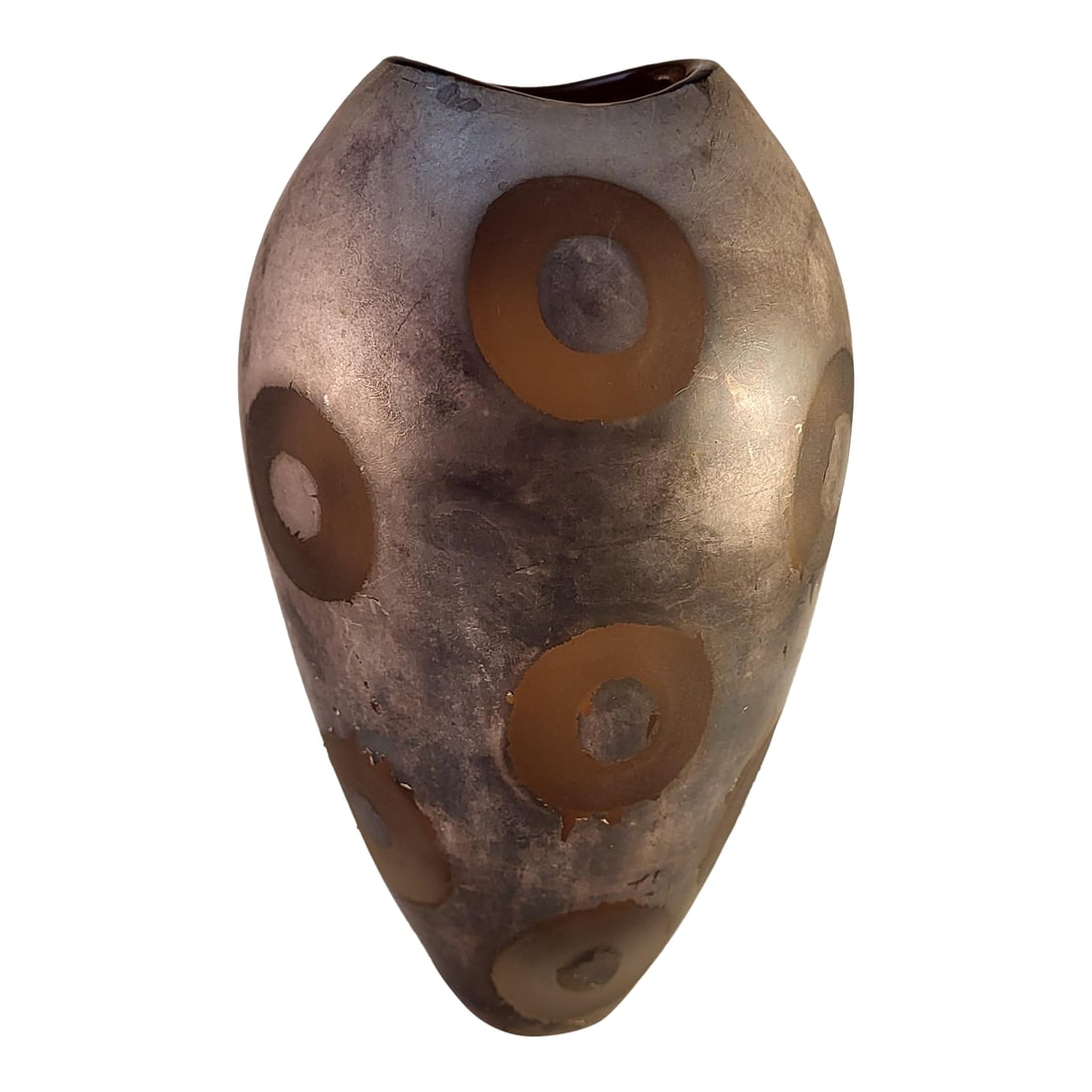 MCM Adam Aaronson Amber Studio Art Glass Vase With Patinated Surface and Circles: *Early rarer vintage Adam Aaronson hand made glass vase. *Amber Studio Art Glass Vase with Patinated Surface and Circles *Very Attractive Piece *7.75" tall *4.5" at widest *1.38" base radius
