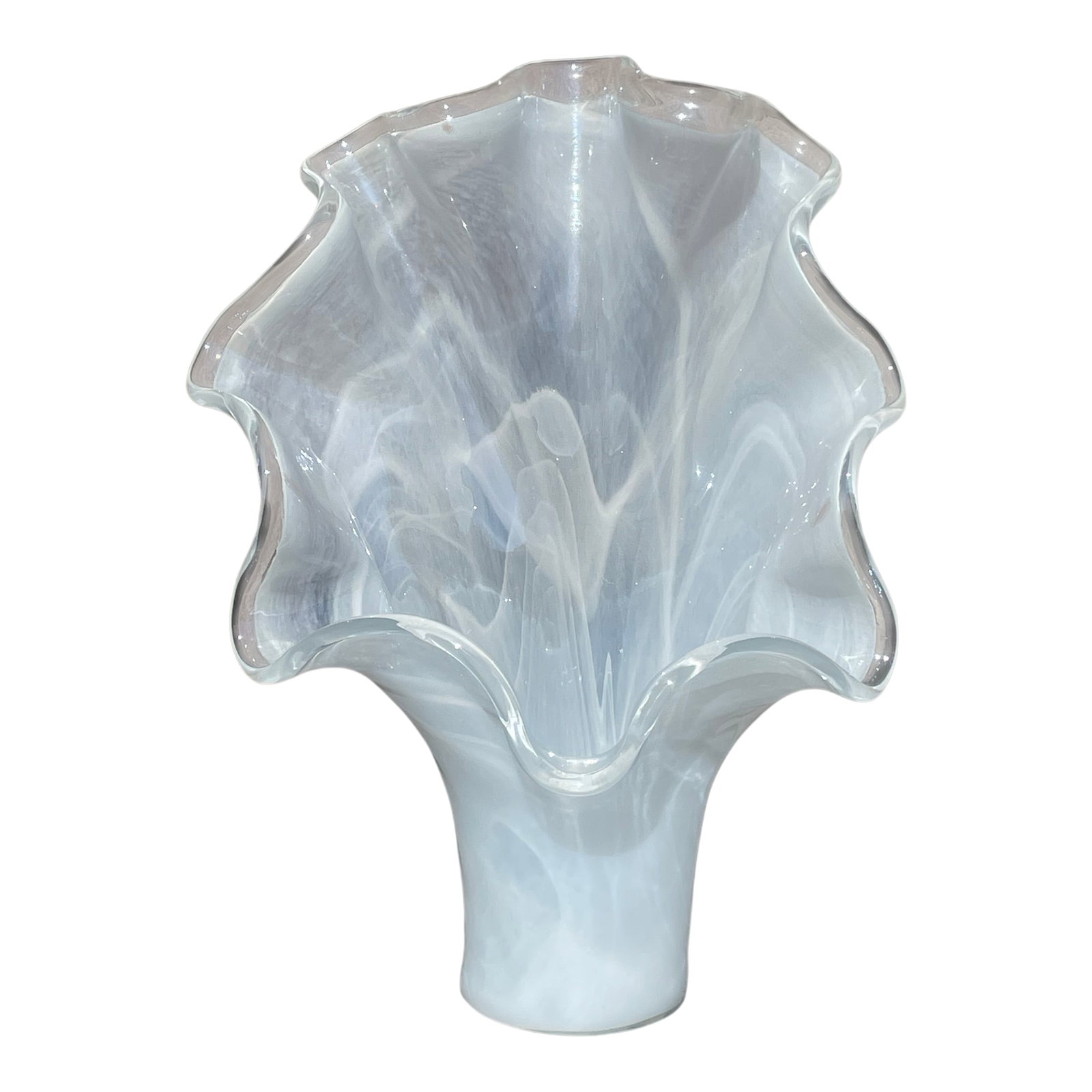 Large Italian Murano Wave Vase: This exquisite Italian blown glass centerpiece vase is hand blown in the tradition of Murano artistry. Having a dramatic white swirl ruffled style from the past, Murano combined old-world