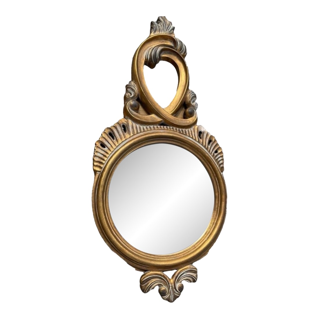 Bassett Mirror Co. Rococo Revival Gilt Wall Mirror 42": A large sculptural composite Rococo Revival style wall mirror by Bassett Mirror Company, featuring dramatic scrolling crest detail and a warm antiqued gilt finish. The elongated oval form, ornate