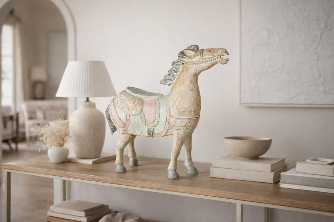 Large Vintage Balinese Carved Wood Horse Sculpture - 21'' Pastel Saddle Decor - 12