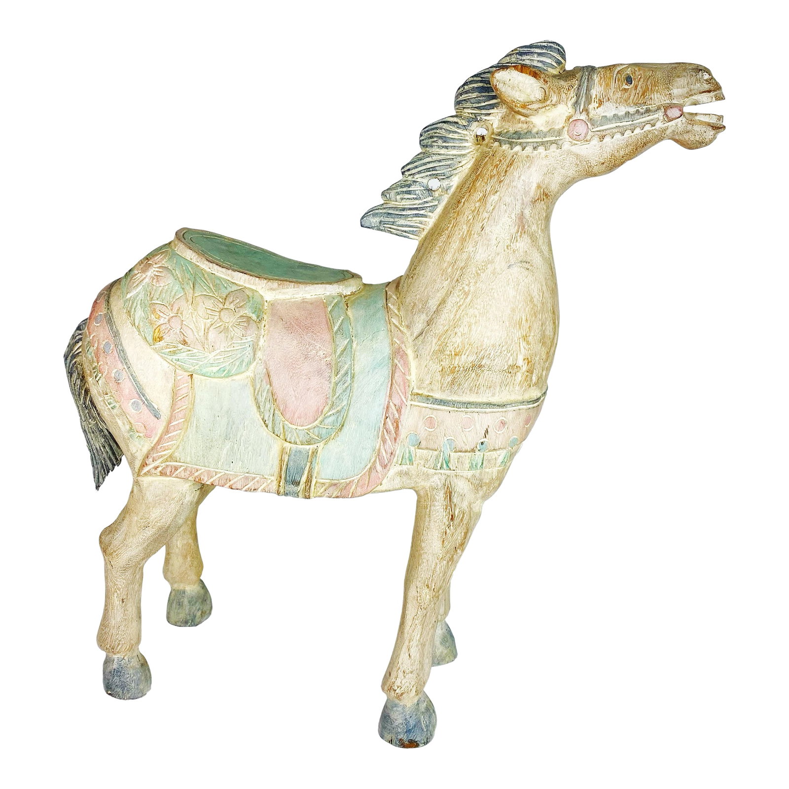 Large Vintage Balinese Carved Wood Horse Sculpture - 21'' Pastel Saddle Decor: Vintage hand-carved wooden horse sculpture crafted in Bali, Indonesia, featuring a stylized saddle with floral relief carving and soft pastel paint wash. The figure has a beautifully aged,