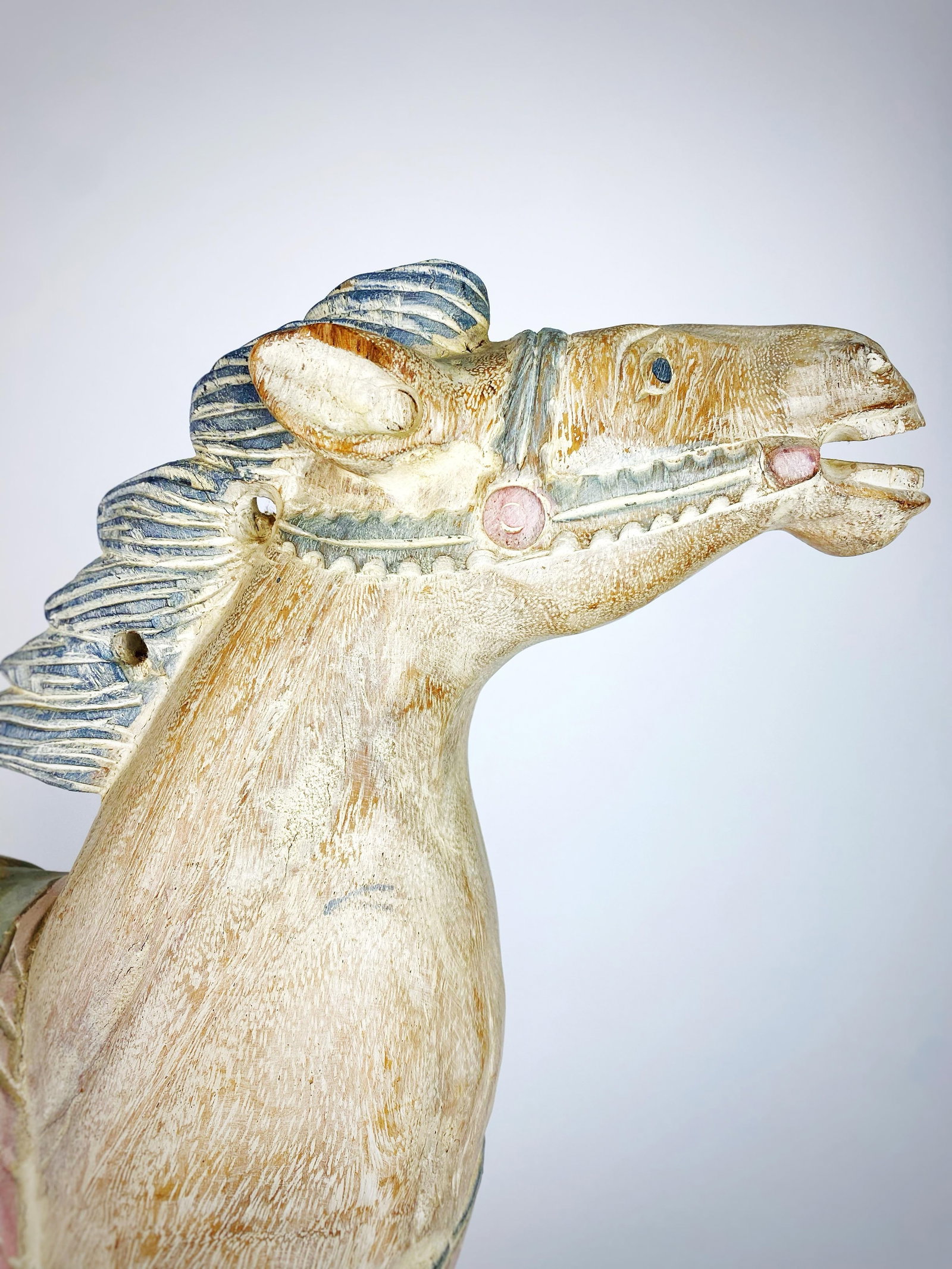 Large Vintage Balinese Carved Wood Horse Sculpture - 21'' Pastel Saddle Decor - 2