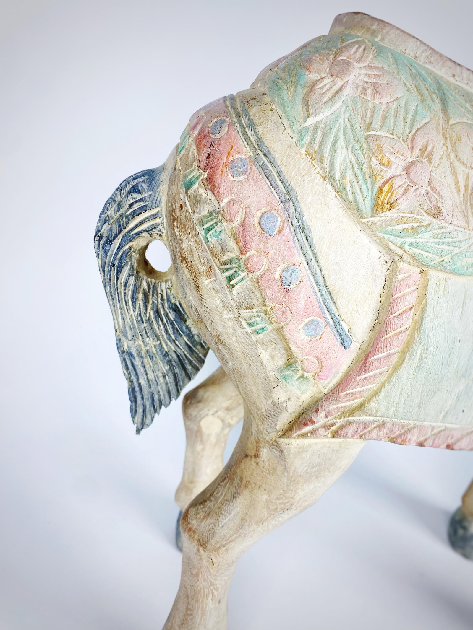 Large Vintage Balinese Carved Wood Horse Sculpture - 21'' Pastel Saddle Decor - 4