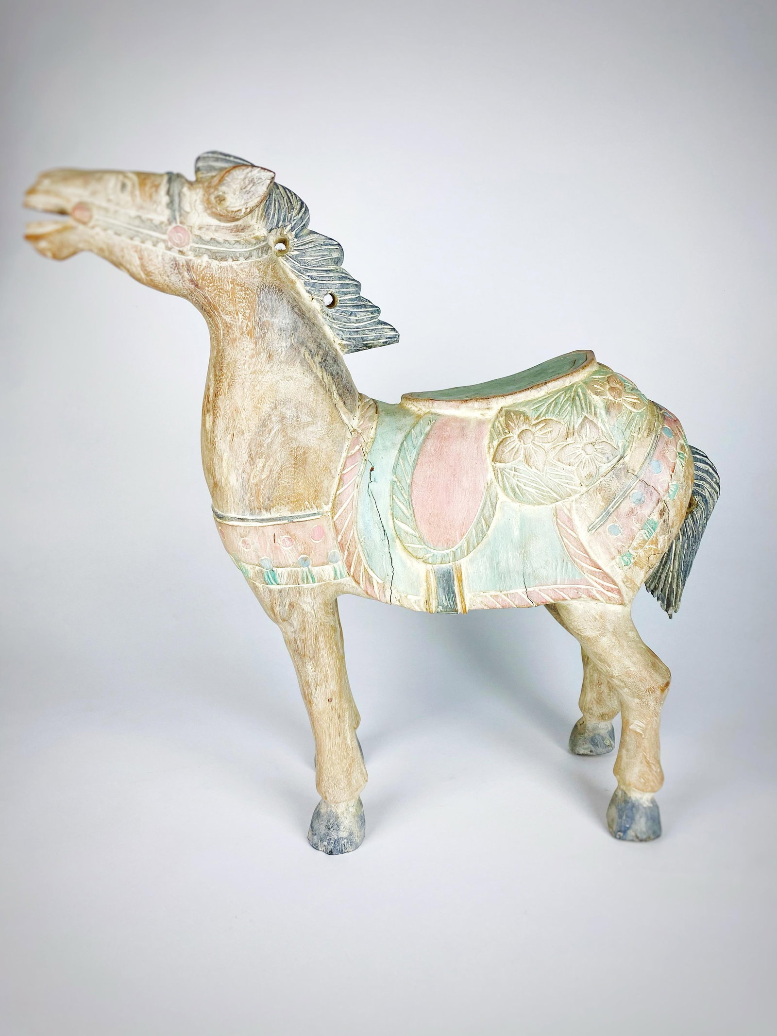 Large Vintage Balinese Carved Wood Horse Sculpture - 21'' Pastel Saddle Decor - 6