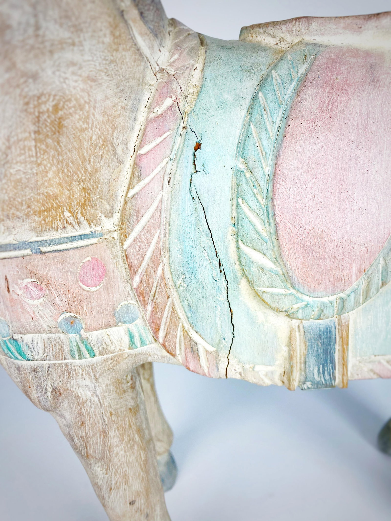 Large Vintage Balinese Carved Wood Horse Sculpture - 21'' Pastel Saddle Decor - 7
