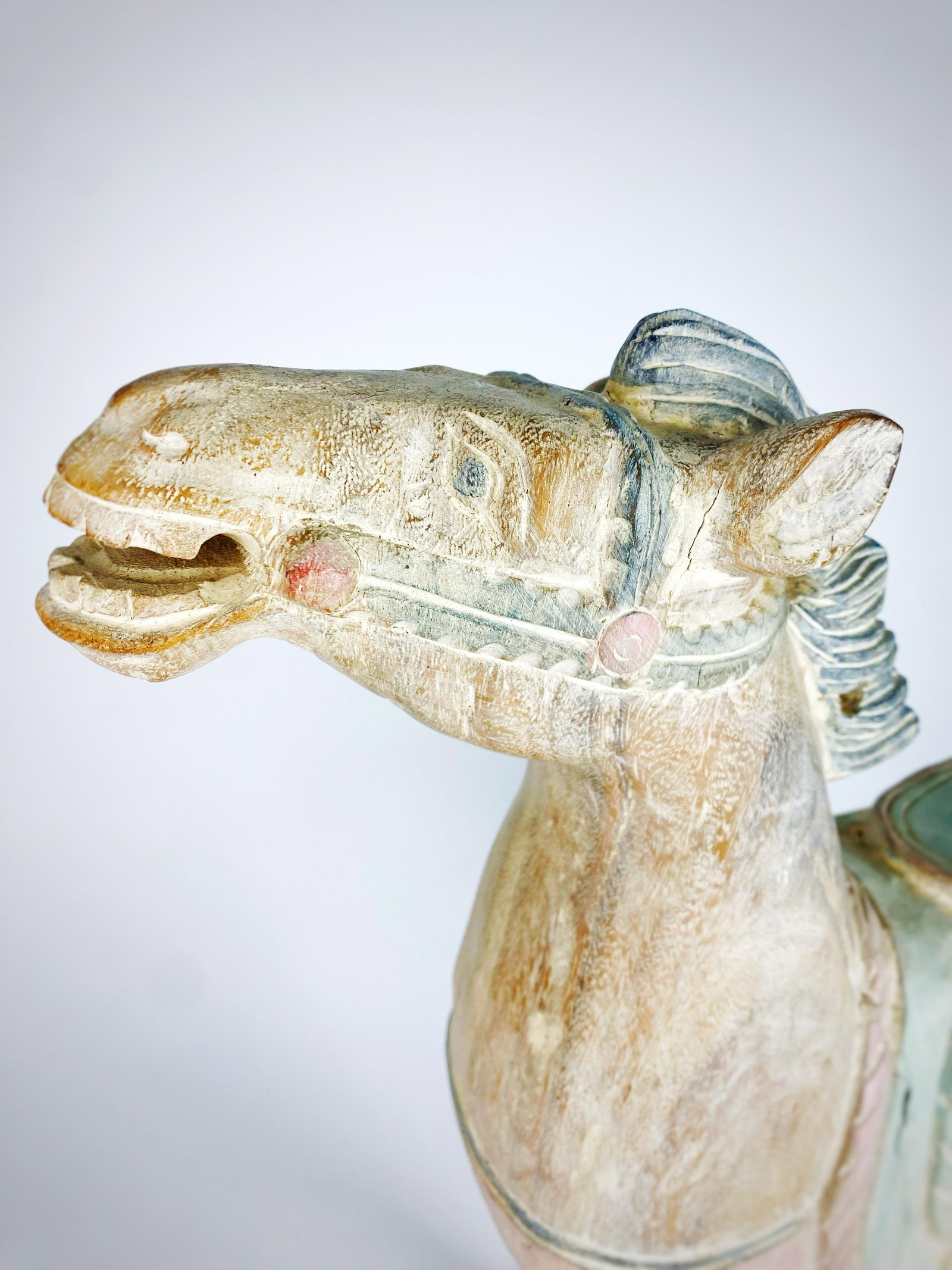 Large Vintage Balinese Carved Wood Horse Sculpture - 21'' Pastel Saddle Decor - 8