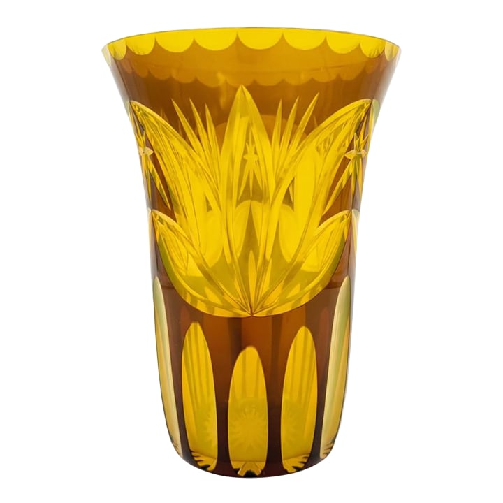 Bohemian Czech Amber & Canary Yellow Cut to Clear Vase | Tulip Motif | Early 20th C Style: A striking Bohemian Czech cut-to-clear art glass vase featuring a rich amber-brown overlay intricately wheel-cut to reveal a luminous canary yellow interior. The floral tulip motif radiates from the
