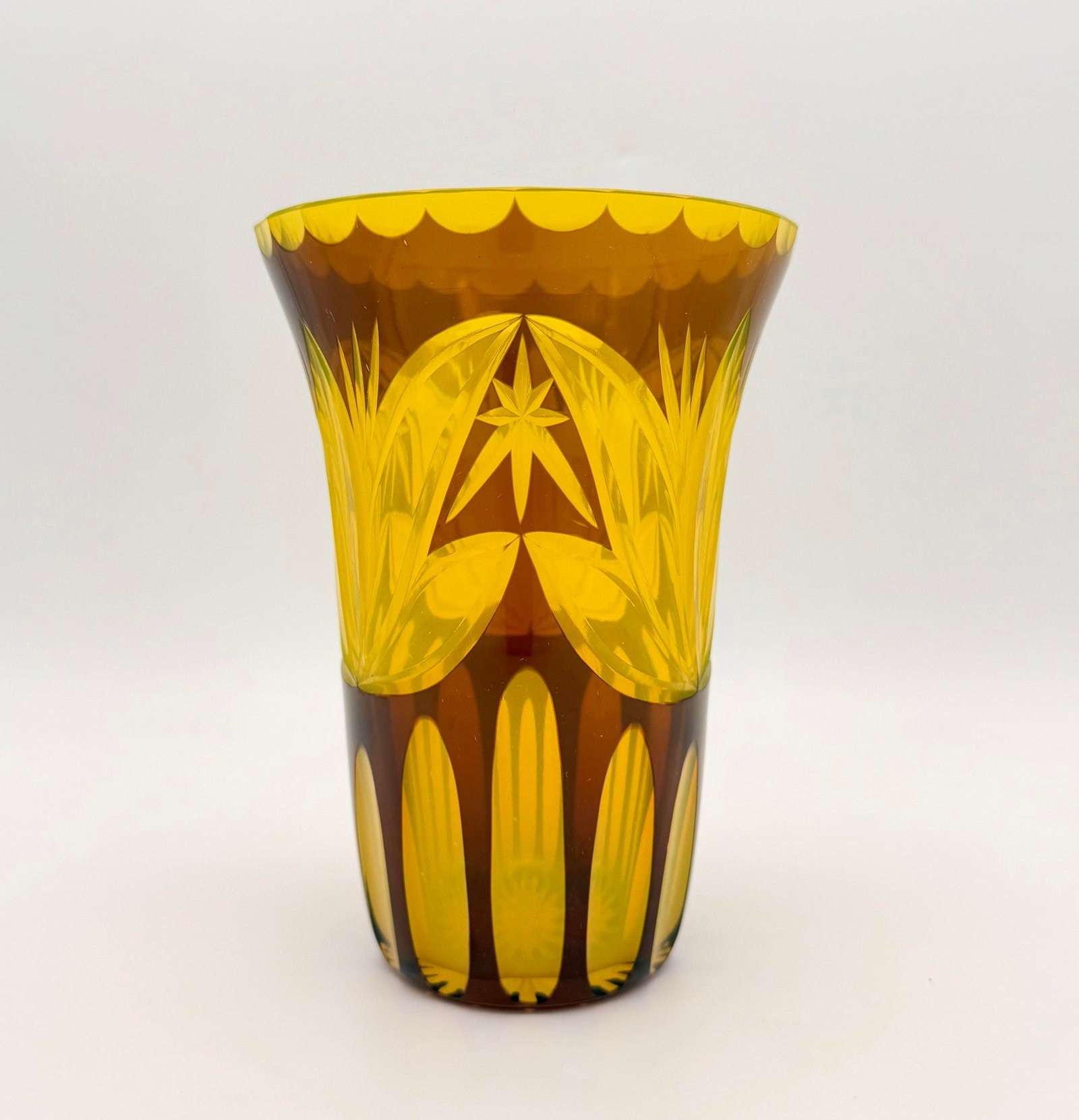 Bohemian Czech Amber & Canary Yellow Cut to Clear Vase | Tulip Motif | Early 20th C Style - 3