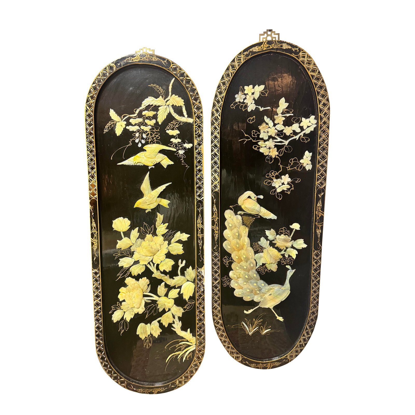 Pair of Vintage Chinese Hardstone Inlaid Black Lacquer Wall Plaques - Peacock & Floral - 36": Striking pair of vintage Chinese black lacquer wall plaques featuring carved and inlaid hardstone birds and florals in high relief. One panel depicts a peacock with detailed tail feathers; the other