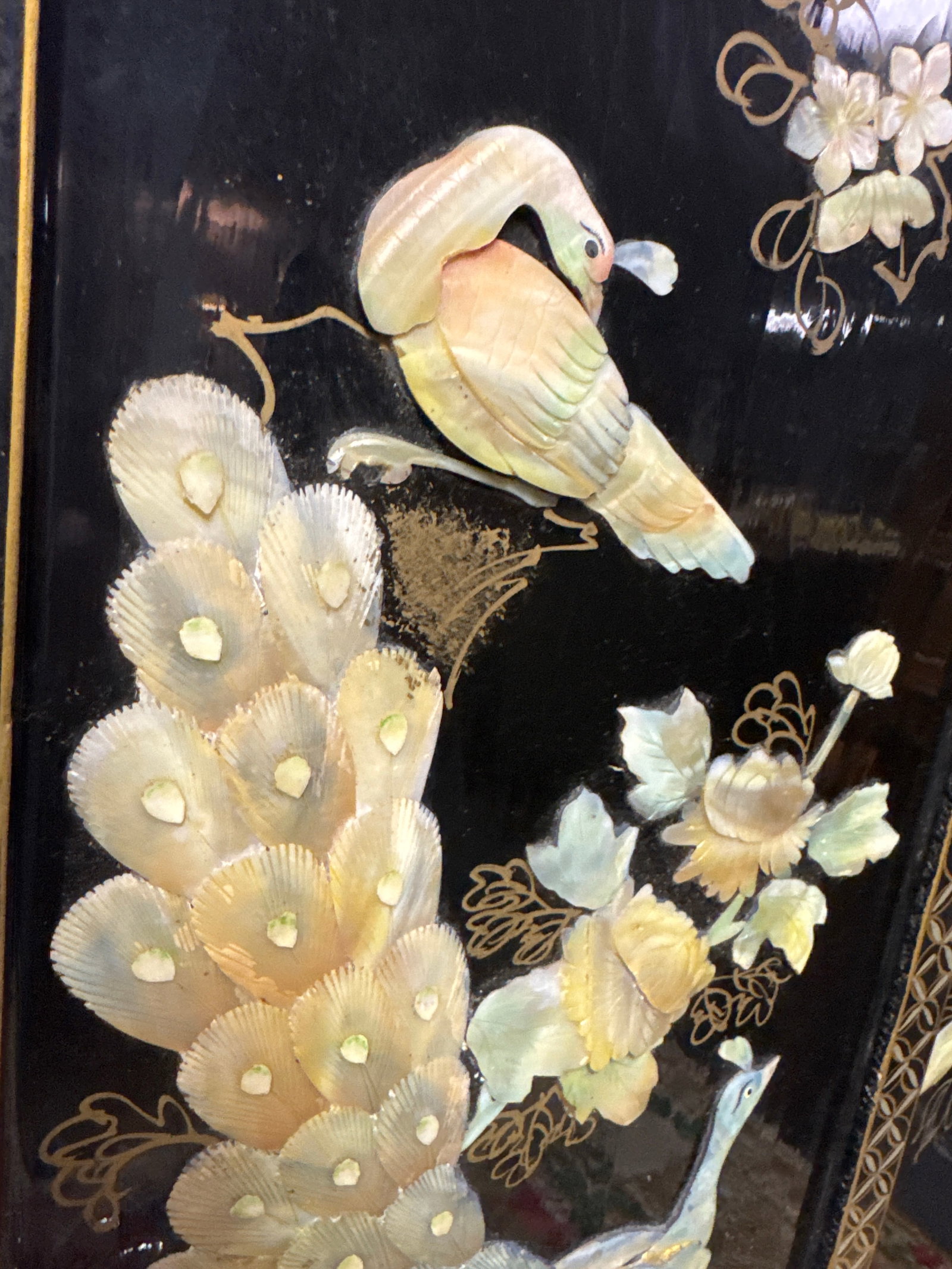 Pair of Vintage Chinese Hardstone Inlaid Black Lacquer Wall Plaques - Peacock & Floral - 36" - 3