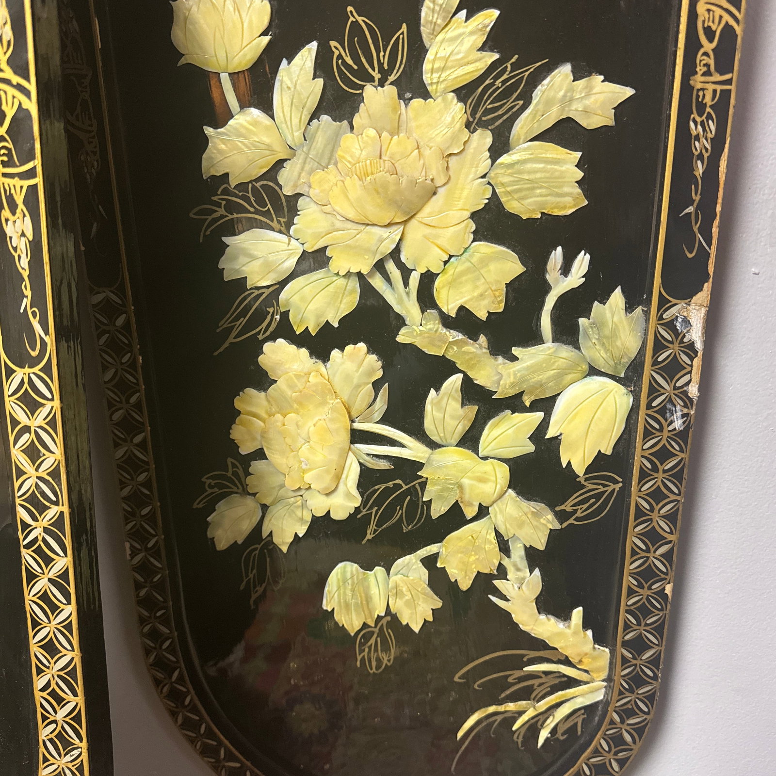 Pair of Vintage Chinese Hardstone Inlaid Black Lacquer Wall Plaques - Peacock & Floral - 36" - 4