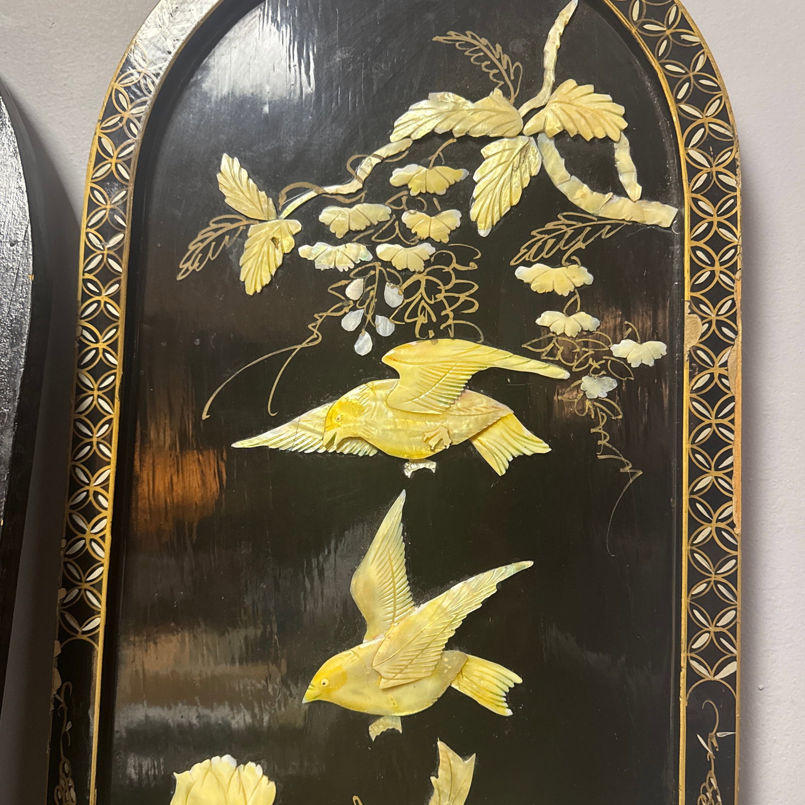 Pair of Vintage Chinese Hardstone Inlaid Black Lacquer Wall Plaques - Peacock & Floral - 36" - 5