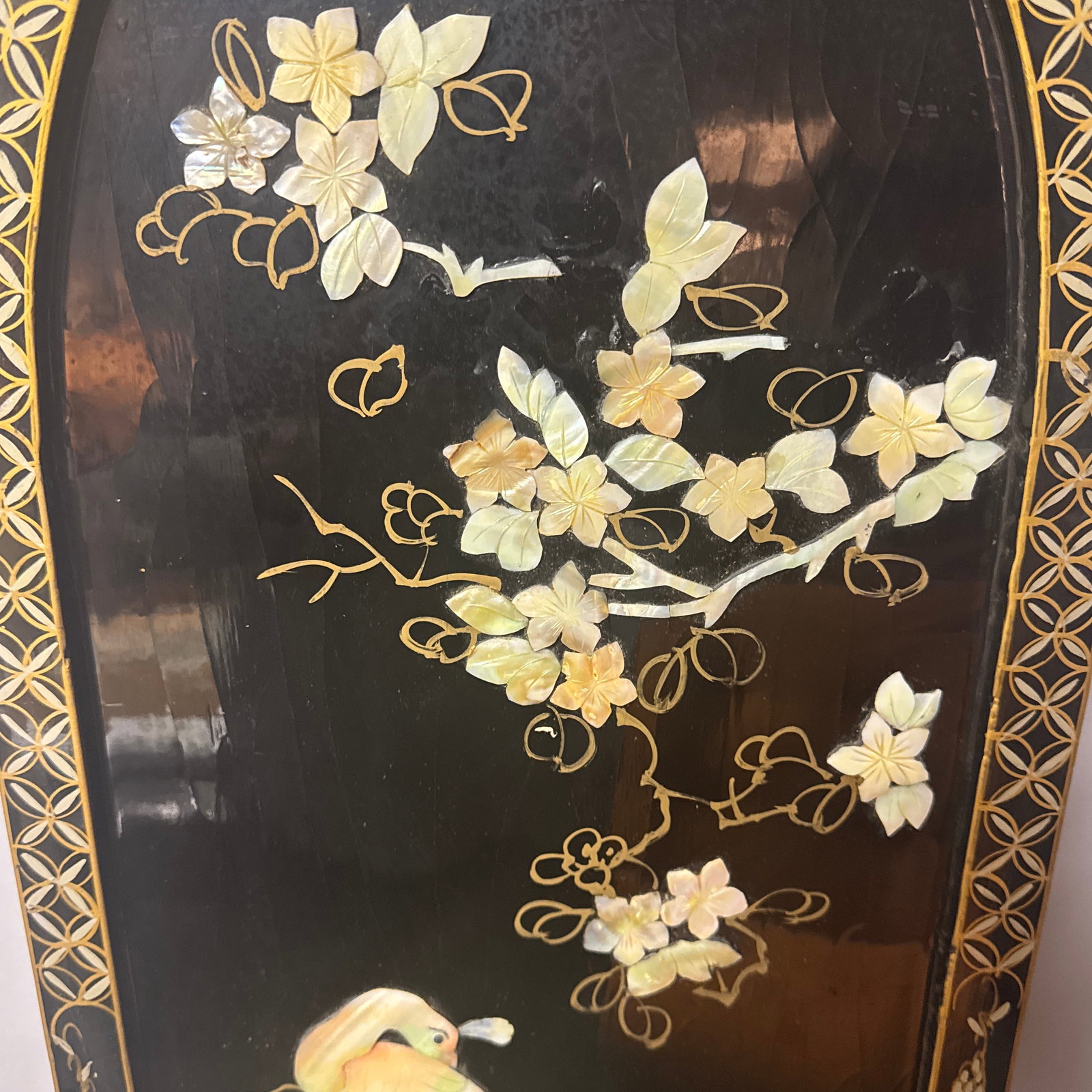 Pair of Vintage Chinese Hardstone Inlaid Black Lacquer Wall Plaques - Peacock & Floral - 36" - 6