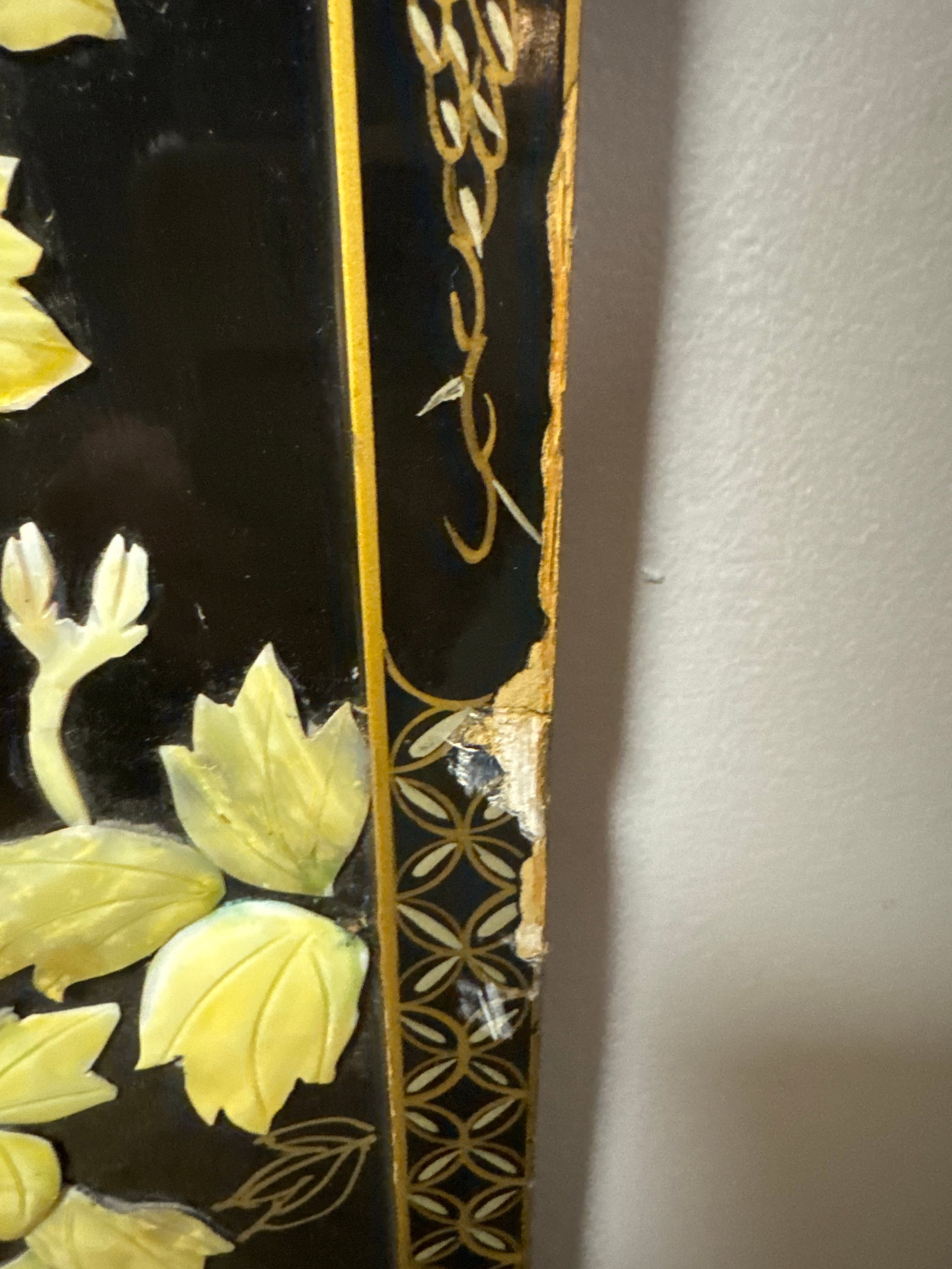 Pair of Vintage Chinese Hardstone Inlaid Black Lacquer Wall Plaques - Peacock & Floral - 36" - 8