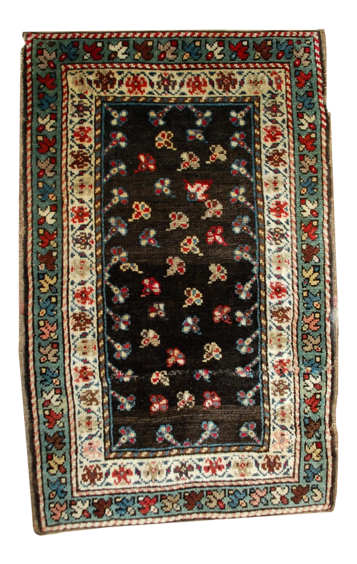 1880s Handmade Antique Caucasian Gendje Rug: Antique handmade Caucasian Gendje rug in good condition. The rug made in chocolate brown and azure shades in the end of 19th century. -condition: good, -circa: 1880s, -size: 1.9' x 3.3' (94cm x