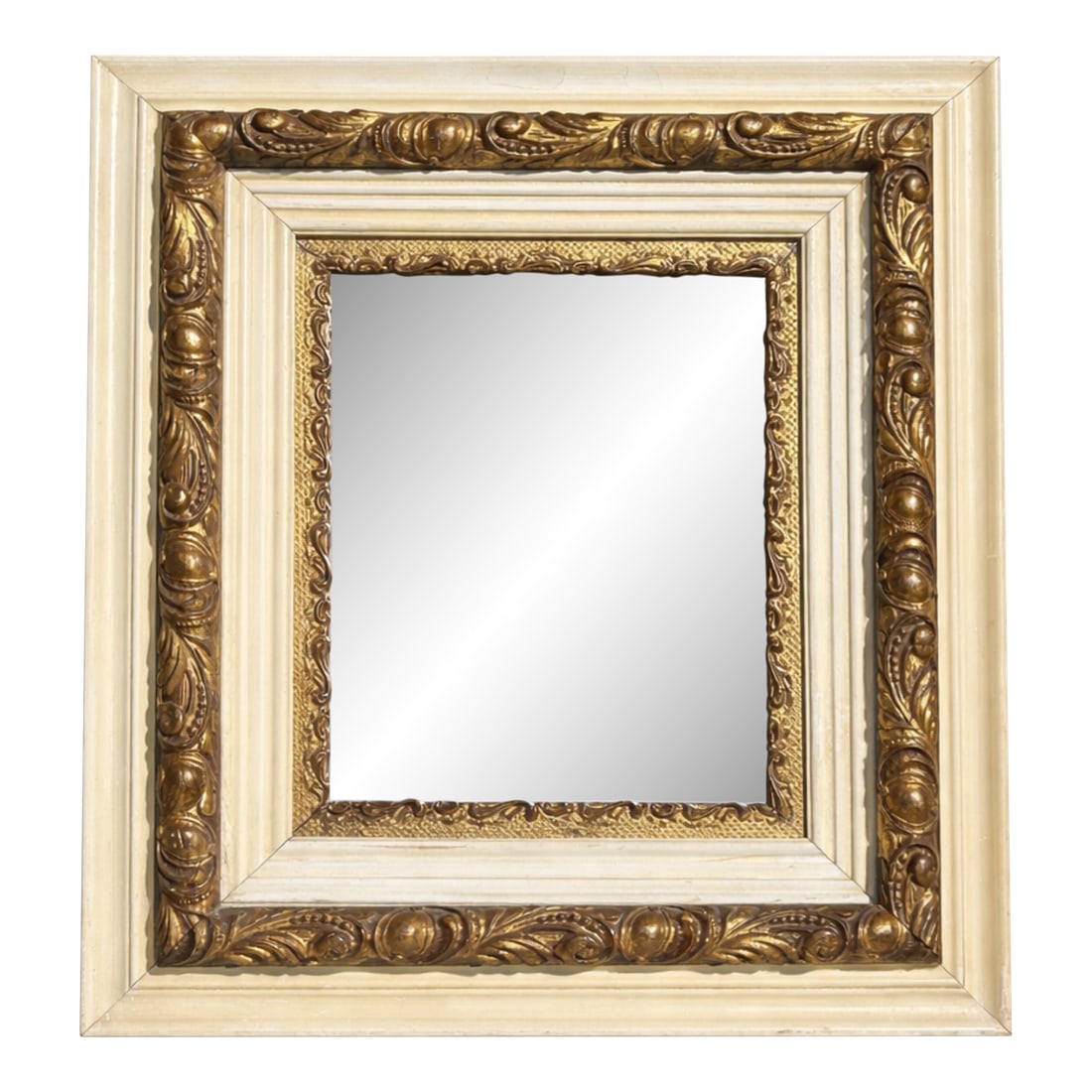 Vintage Wood & Gilt Framed Mirror: Vintage rectangular mirror featuring a layered wood frame with distressed cream finish and ornate gilt carved detailing. The inner frame showcases intricate scroll and foliate motifs in warm gold