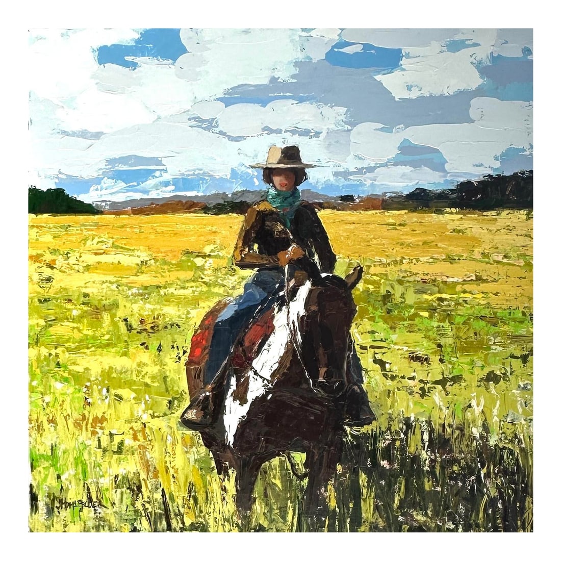 "Ochre Fields" Modern Original Oil Painting, by Jennifer Hohlfelder: I've painted several versions of this scene. The actress, Nancy Travis, was kind enough to let me use her photo that I found so captivating. The expanse of the sky, the richness of the fields and the