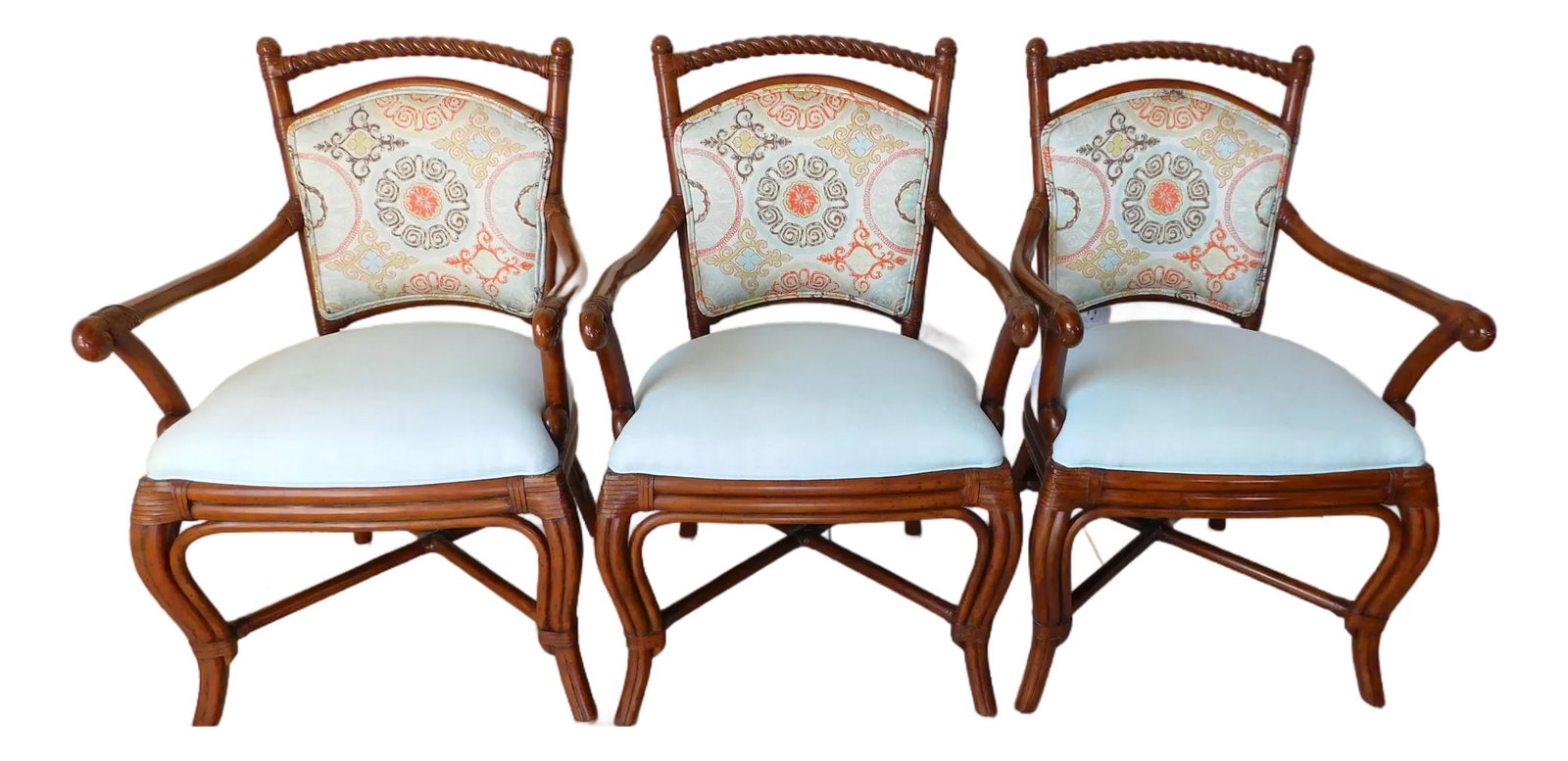 Set of 3 Palecek Rattan Barley Twist Upholstered Accent Arm Chairs: Gorgeous set of three Palecek rattan upholstered armchairs. Beautiful brown rattan base with barley twist design. Wrapped in leather straps (sign of quality) and beautifully upholstered in light blue 