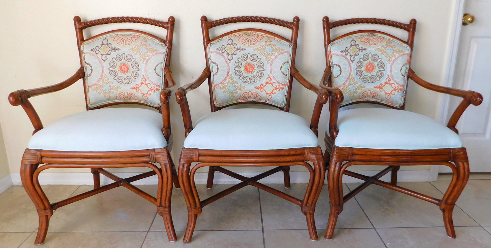 Set of 3 Palecek Rattan Barley Twist Upholstered Accent Arm Chairs - 2