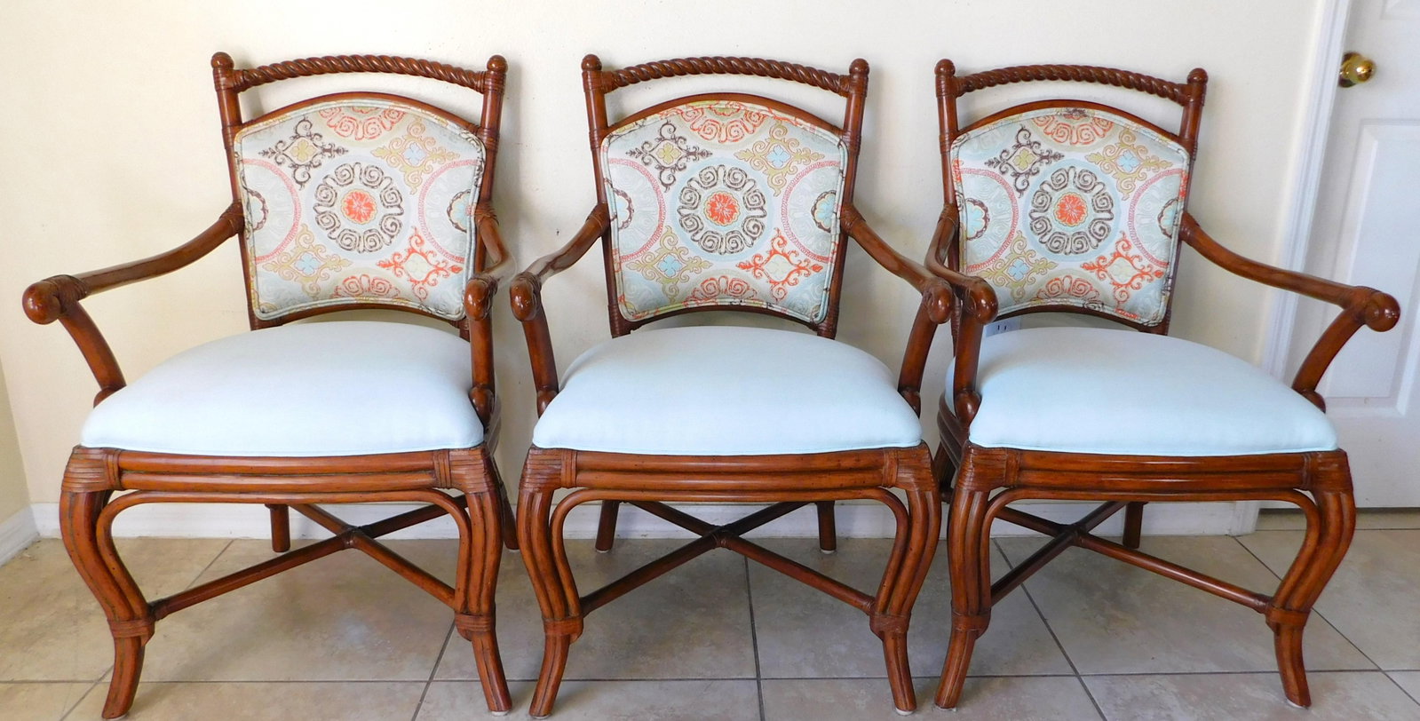 Set of 3 Palecek Rattan Barley Twist Upholstered Accent Arm Chairs - 3