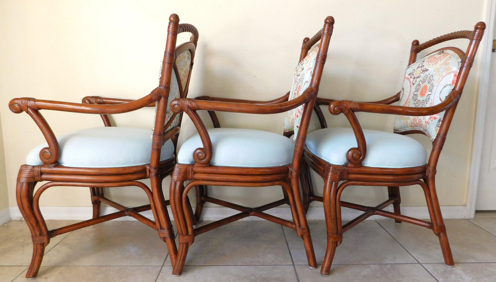 Set of 3 Palecek Rattan Barley Twist Upholstered Accent Arm Chairs - 4