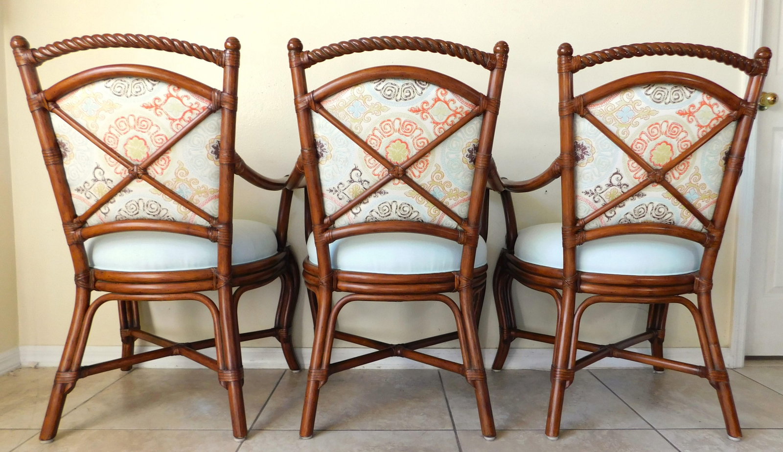 Set of 3 Palecek Rattan Barley Twist Upholstered Accent Arm Chairs - 5