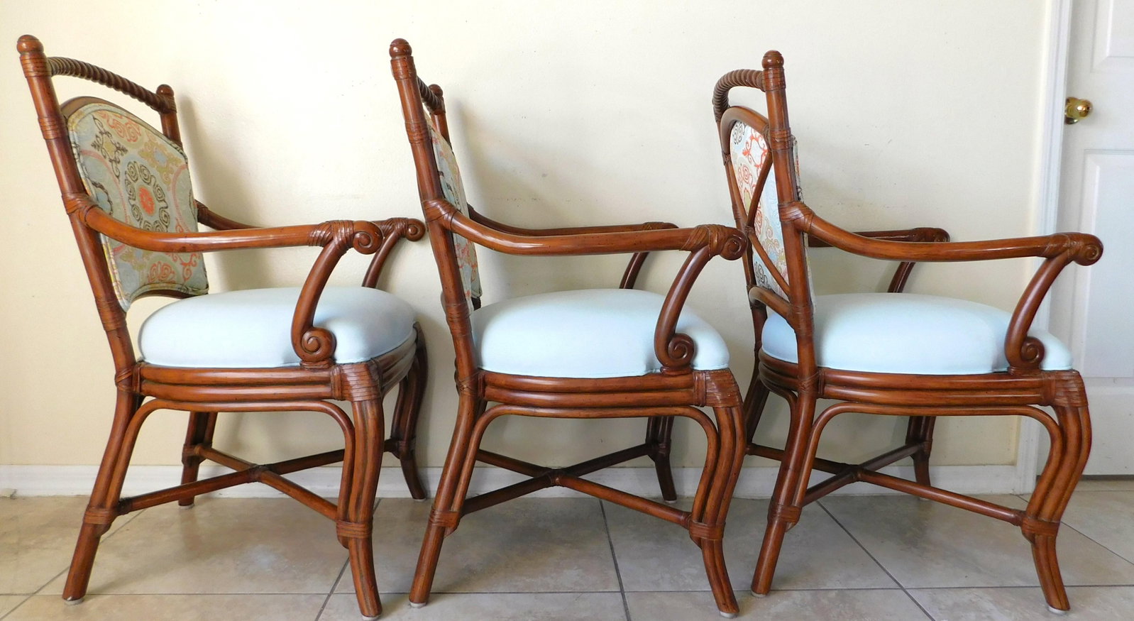 Set of 3 Palecek Rattan Barley Twist Upholstered Accent Arm Chairs - 6