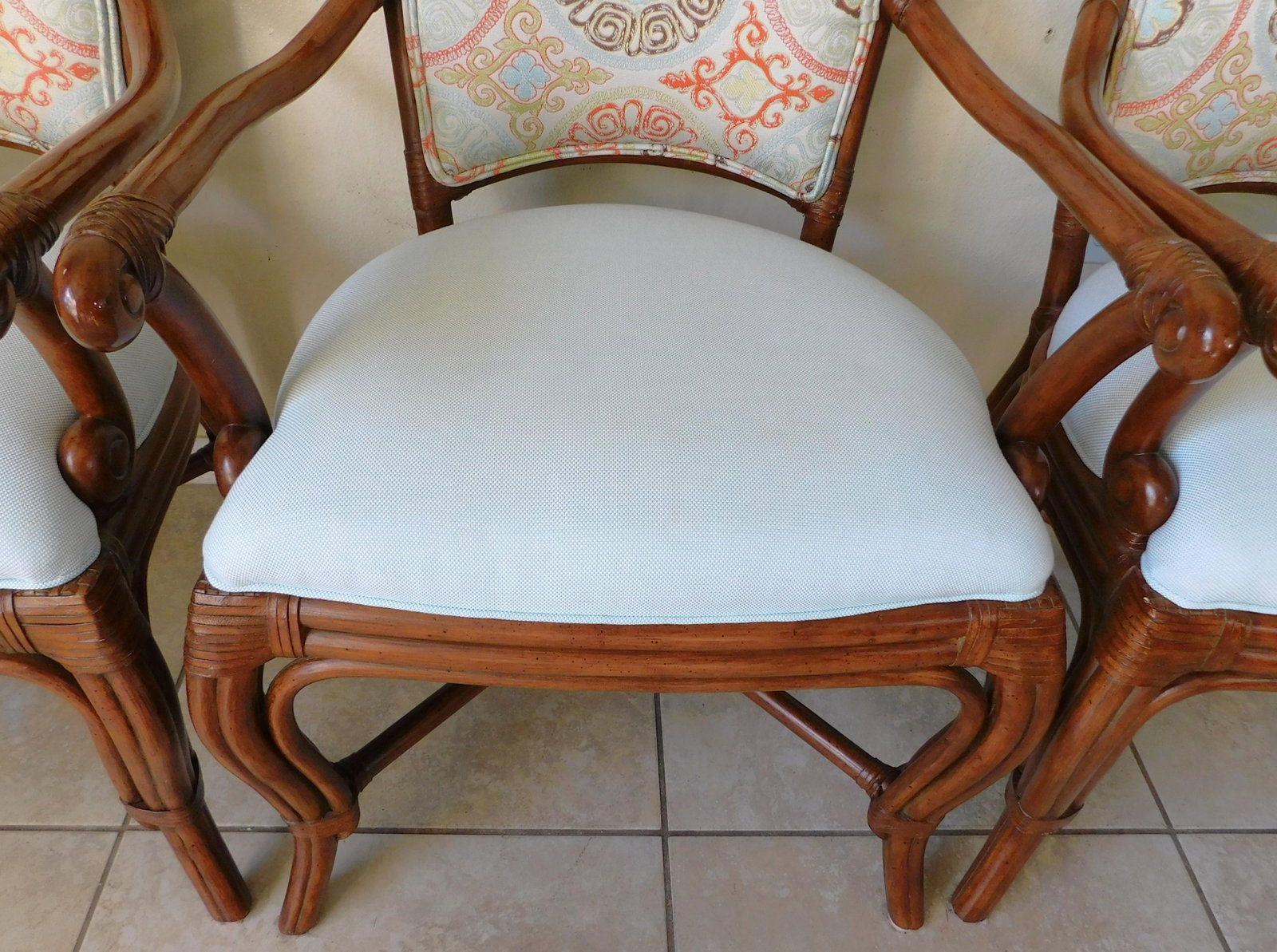 Set of 3 Palecek Rattan Barley Twist Upholstered Accent Arm Chairs - 8