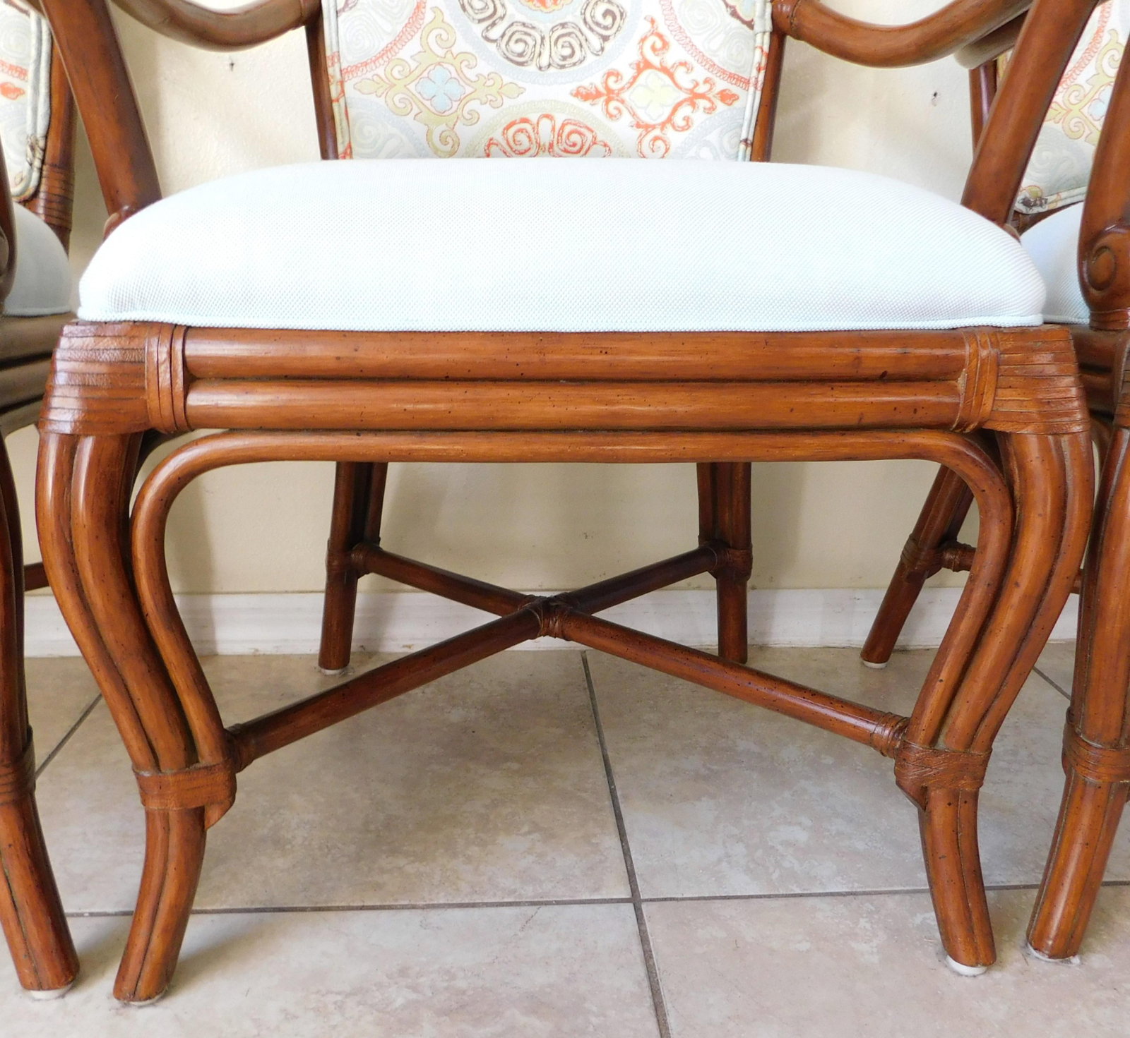 Set of 3 Palecek Rattan Barley Twist Upholstered Accent Arm Chairs - 9