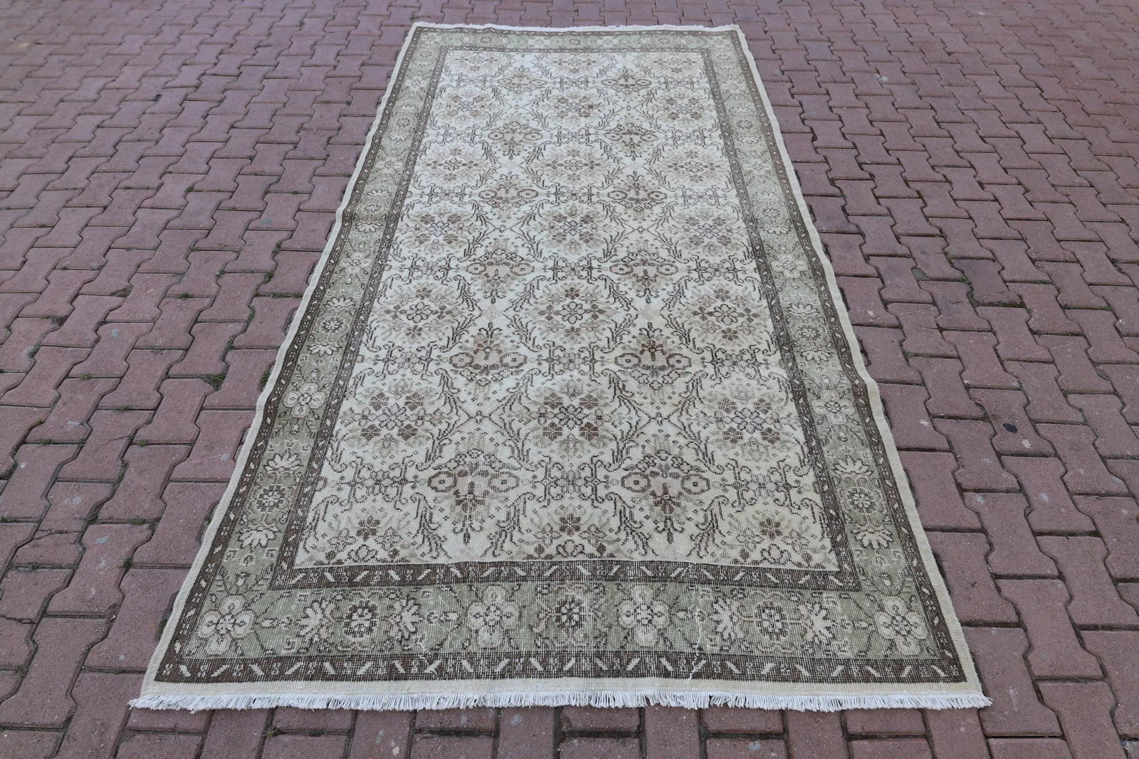 1970s Mid-Century Modern Art Deco Turkish Vintage Floral Beige Oushak Area Rug - 13