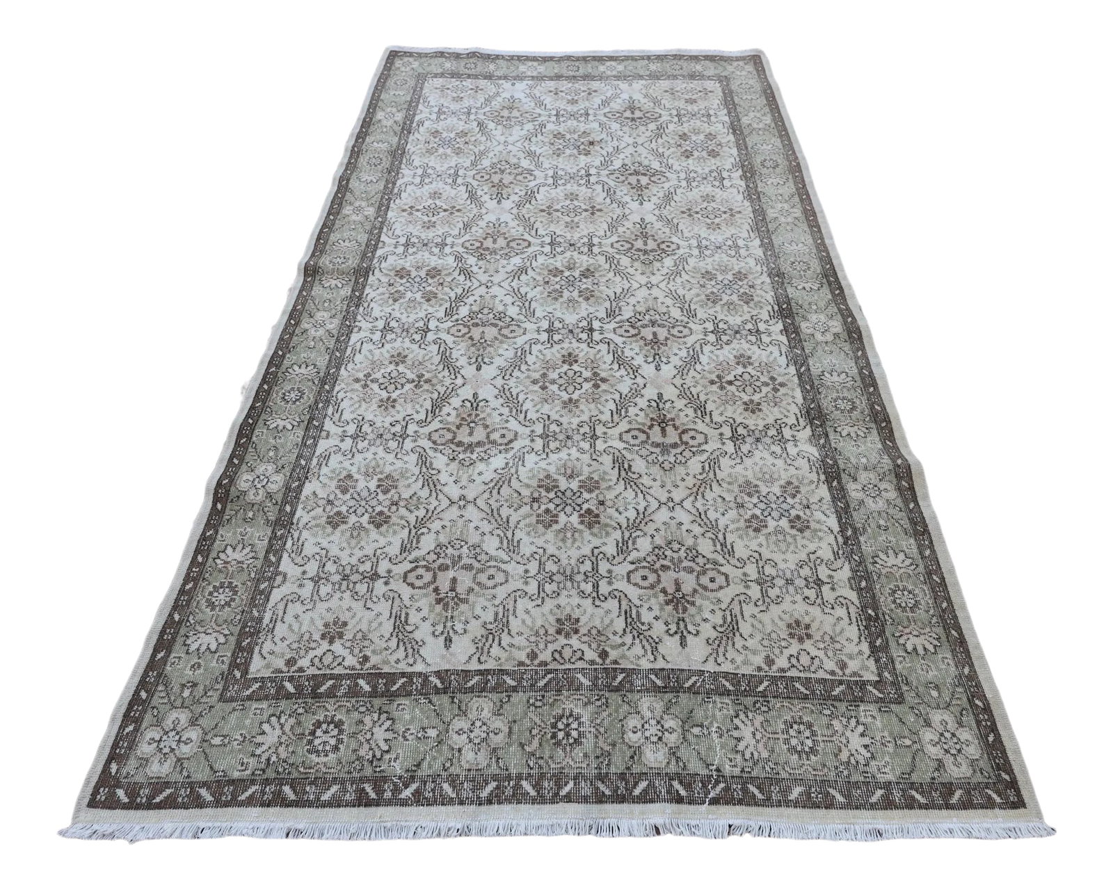 1970s Mid-Century Modern Art Deco Turkish Vintage Floral Beige Oushak Area Rug: 1970s Mid-Century Modern Traditional Turkish Hand Knotted Vintage Oushak Rug Size: 5.6 x 9.3 ft - 171 x 285 cm - 67 x 112 inches Color: Organic Natural Dye ( Beige, Green,White,Brown ) Material: 100% 