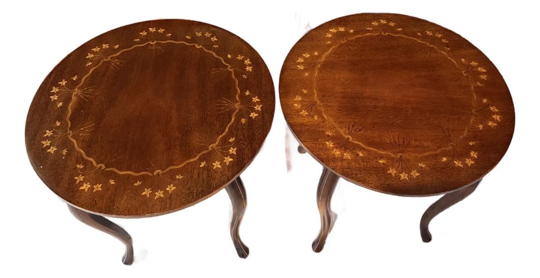 Late 20th Century Pair of Kindel Mahogany Round Side Tables With Floral Inlay (1 of 8)