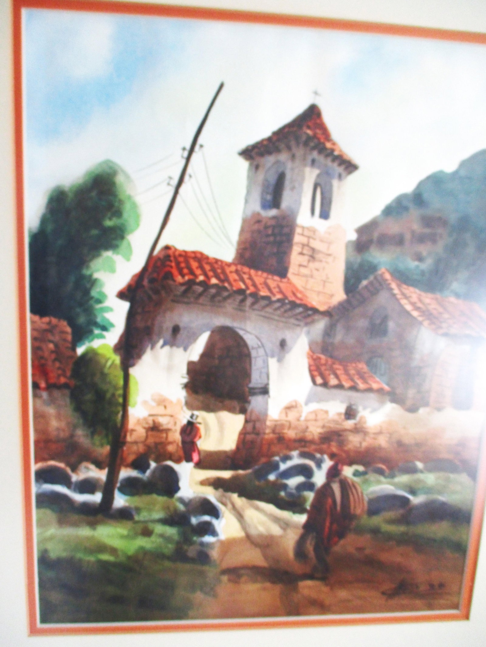 Vintage 1984 Colombia, South America Signed Watercolor of Village Church Framed - 2