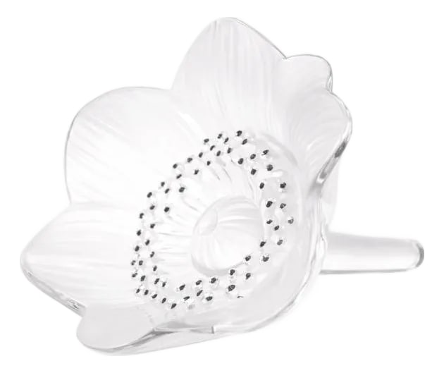 Lalique Anemone Crystal Flower Paperweight - Black Enamel Accents - Signed: Authentic Lalique Anemone crystal flower paperweight, crafted in fine lead crystal with delicate black enamel accents highlighting the sculpted stamen center. The frosted petals radiate outward in Lal