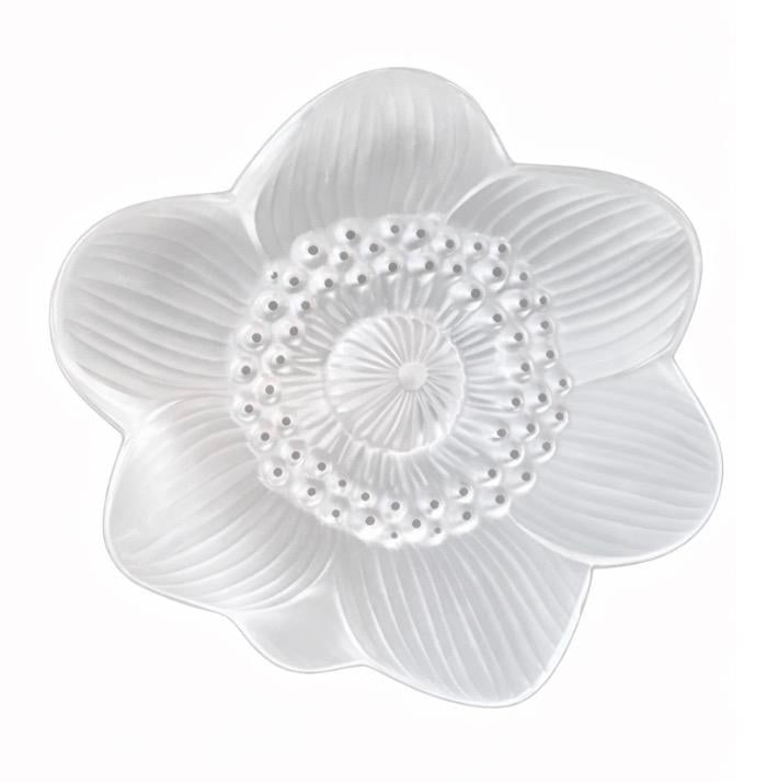 Lalique Anemone Crystal Flower Paperweight - Black Enamel Accents - Signed - 2