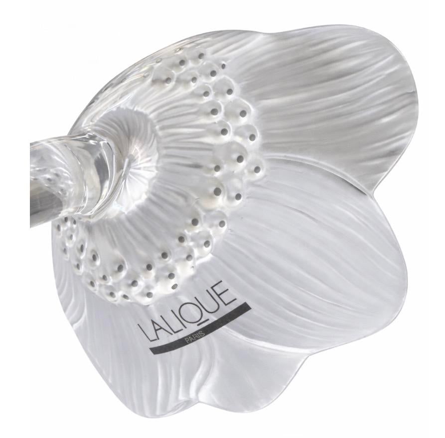 Lalique Anemone Crystal Flower Paperweight - Black Enamel Accents - Signed - 3