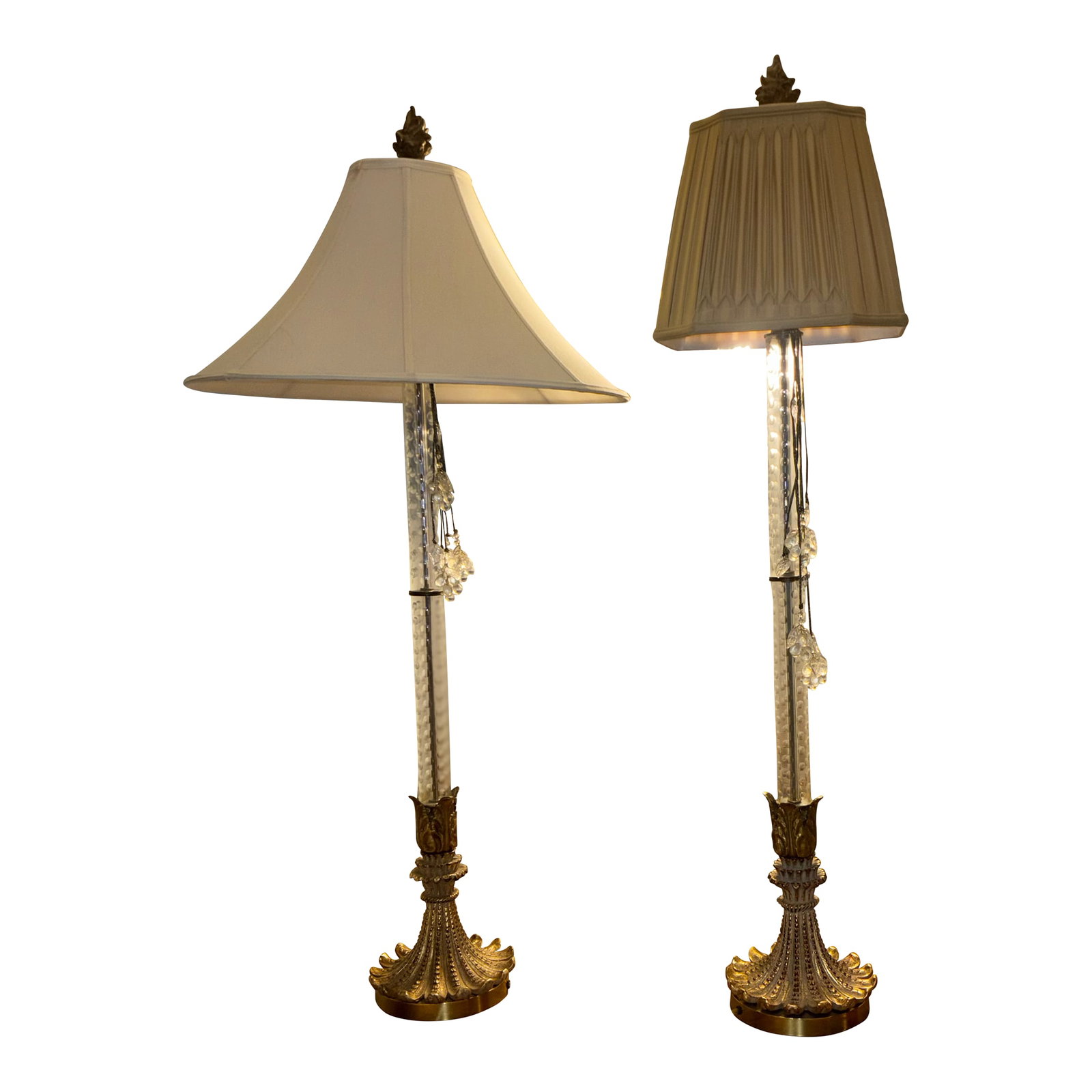 1980s John Richard's Collection Neoclassical Brass and Crystal Corinthian Column Floor Lamp - a Pair: These are two John Richard's brass and crystal floor column neoclassical lamps. They are 110 inches tall. Crystal classic Corinthian columns with neoclassical brass base and column design. Condition: