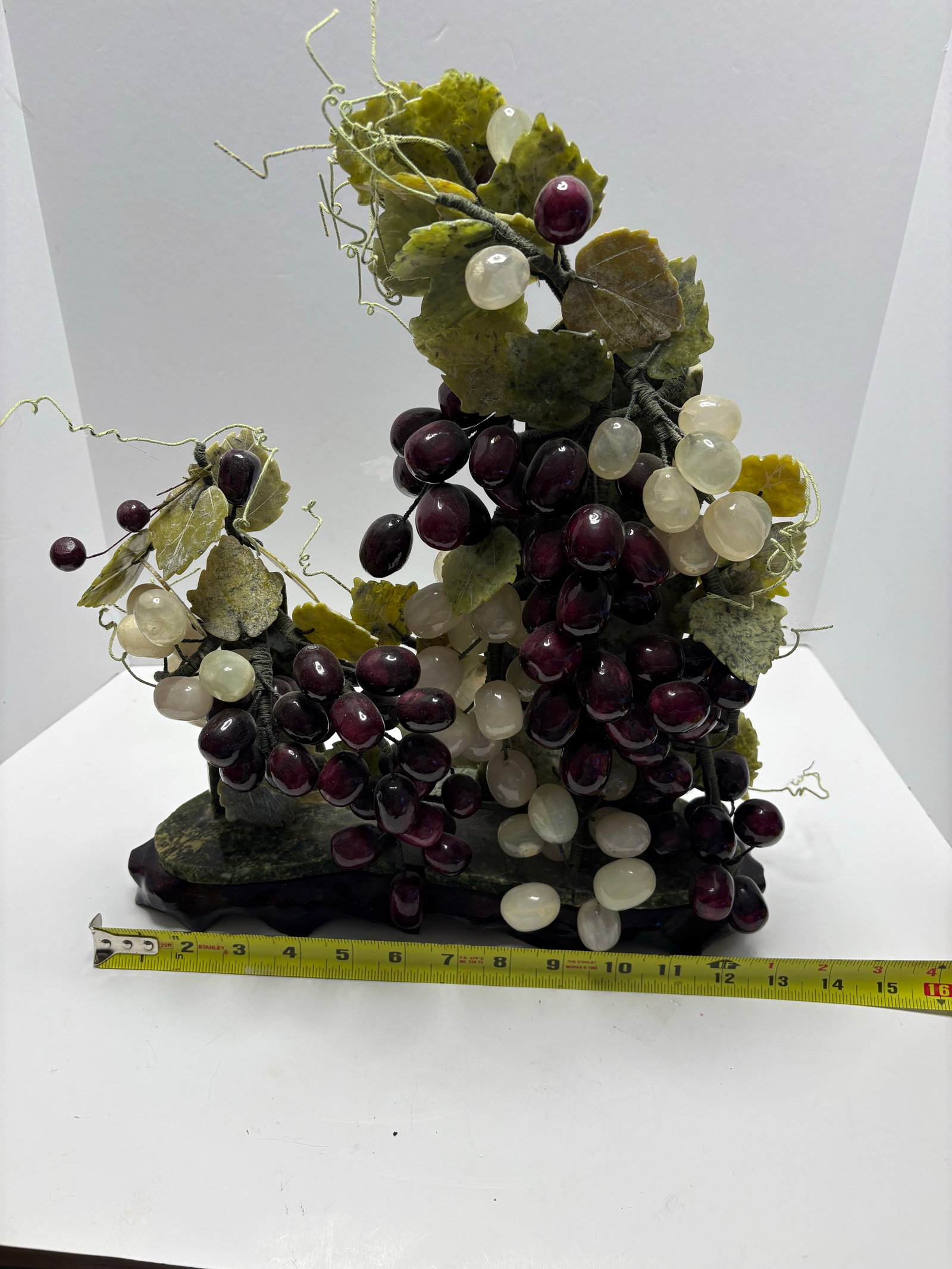 Vintage Chinoiserie Asian Hardstone Grape Vine Sculpture on Carved Wood Base Statement Sculpture - 10