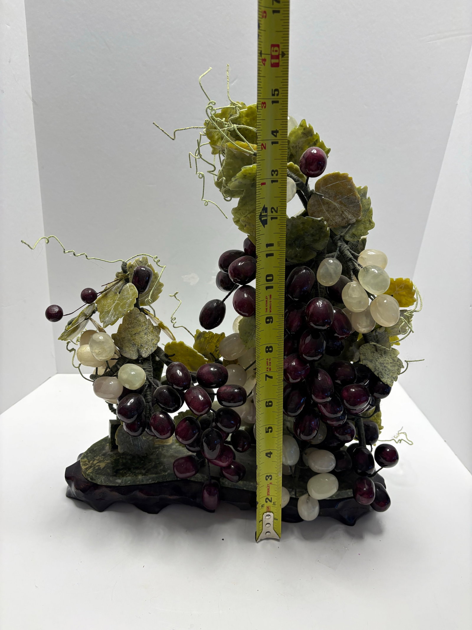 Vintage Chinoiserie Asian Hardstone Grape Vine Sculpture on Carved Wood Base Statement Sculpture - 12