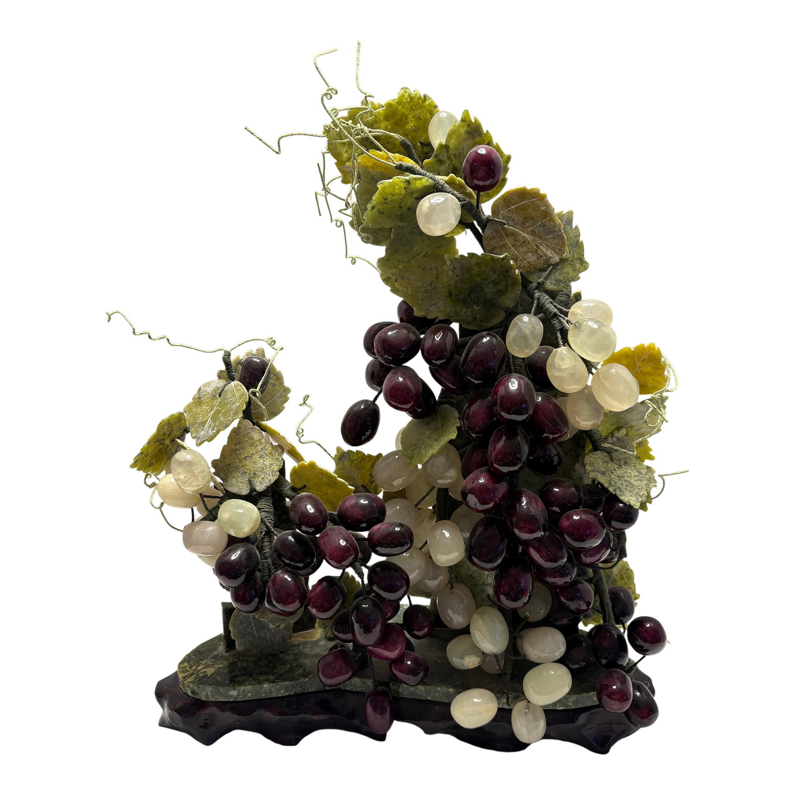 Vintage Chinoiserie Asian Hardstone Grape Vine Sculpture on Carved Wood Base Statement Sculpture: A striking vintage hardstone grape vine sculpture, expertly hand-assembled in the Asian decorative tradition. This sculptural piece features cascading clusters of polished stone grapes in rich aubergi