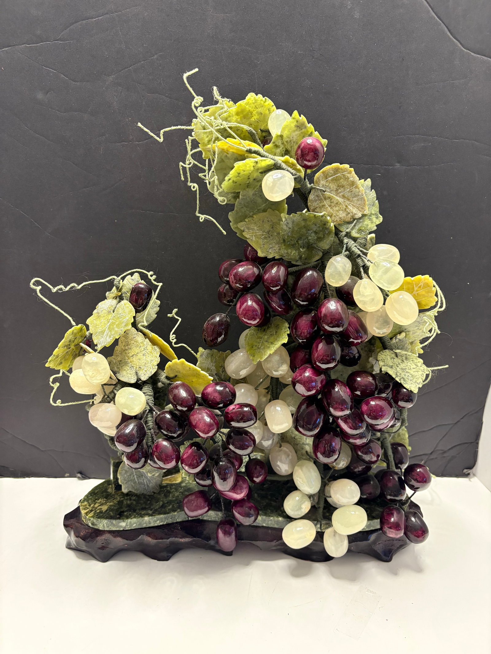 Vintage Chinoiserie Asian Hardstone Grape Vine Sculpture on Carved Wood Base Statement Sculpture - 2