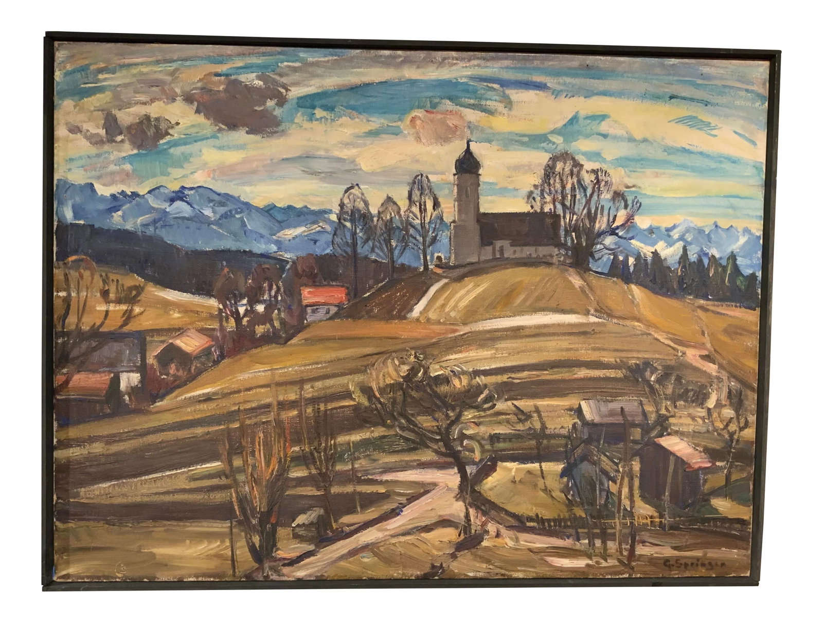 Vintage Landscape Oil on Canvas by Greta Springer: Great 1950s vintage landscape oil on canvas painting by German artist Gerta Springer (1880-1960). Signet by artist on lower right . Condition: Alterations: Original Condition Unaltered Imperfections: 