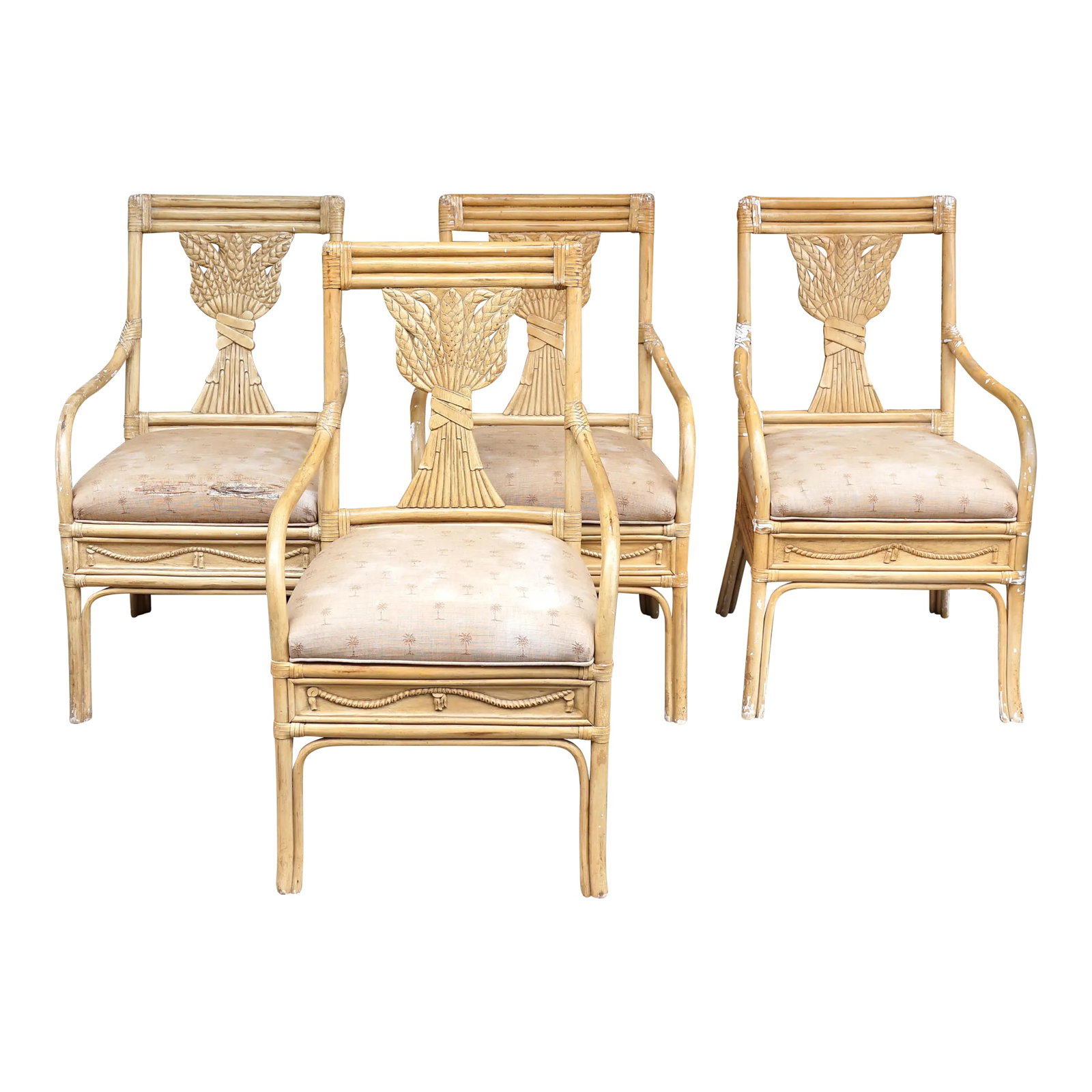 1930s Neoclassical Revival Style Bamboo and Rattan Armchairs - Set of 4: Ultimate elegance and style epitomize this set of four neoclassical bamboo and rattan armchairs from the 1930s. Attention all designers who love a project that will yield something special. Each chair