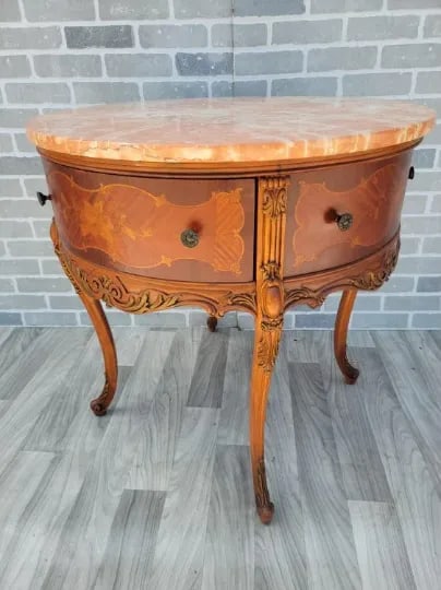Antique Victorian Carved Inlaid Table With Pink Marble Top - 11