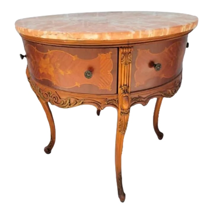 Antique Victorian Carved Inlaid Table With Pink Marble Top: Antique Victorian Round Carved Inlaid Side Table with Pink Marble Top Condition: Alterations: Original Condition Unaltered Imperfections: Some Imperfections Condition Notes: Good Vintage Condition Ple