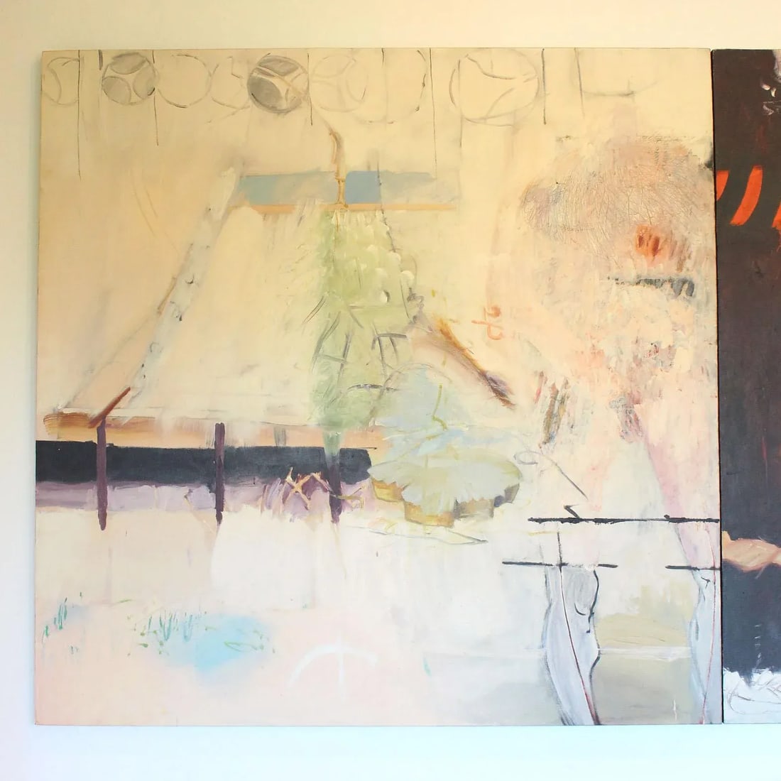 1980's Modern Abstract Extra Large Triptych Painting by Cheryl Bowers/Ciel Bergman- "The Camels Smil - 3